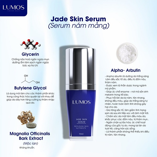 Lumos Jade Skin Serum là serum đặc trị nám mảng nổi tiếng của Lumos
